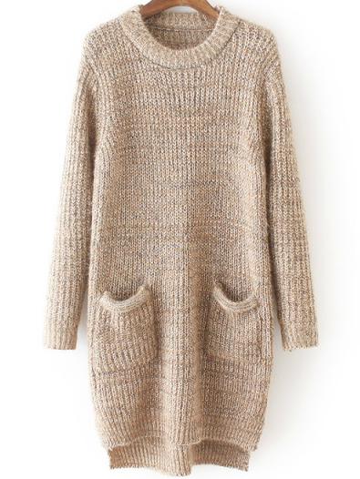 Romwe Dip Hem Khaki Sweater Dress With Pockets