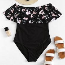 Romwe Plus Flower Print Flounce Swimsuit