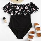 Romwe Plus Flower Print Flounce Swimsuit