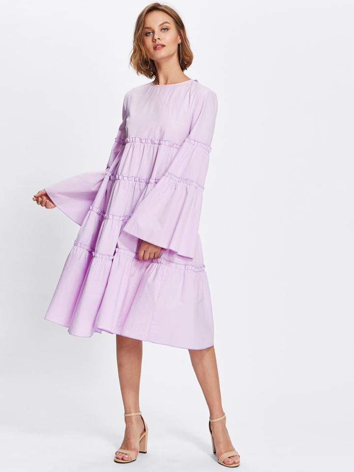 Romwe Bow Tie Back Fluted Sleeve Frilled Tiered Dress