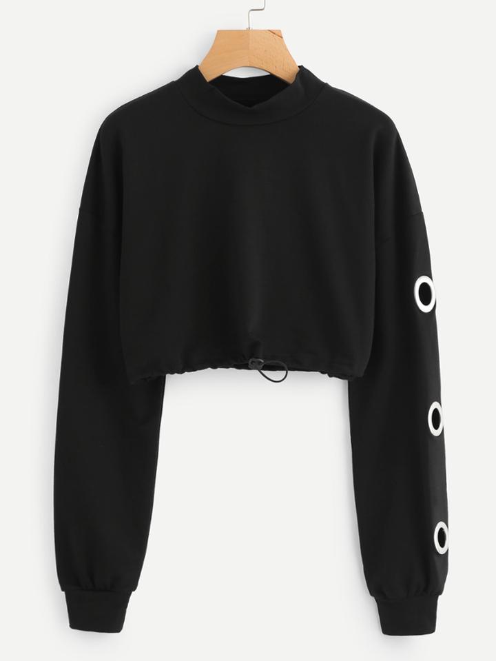 Romwe Drawstring Hem Ring Detail Crop Sweatshirt