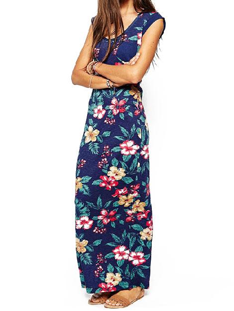 Romwe Scoop Neck Sleeveless Flower Print Maxi Dress