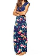 Romwe Scoop Neck Sleeveless Flower Print Maxi Dress