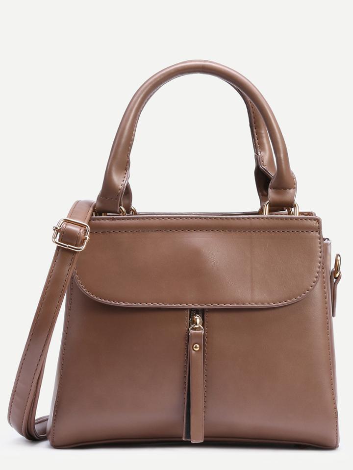 Romwe Brown Zip Front Fold Over Flap Satchel Bag