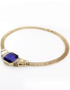 Romwe Blue Gemstone Gold Crystal Chain Necklace