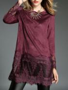 Romwe Lace Insert Suede Long Burgundy Blouse