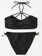 Romwe Strappy Top Halter Bikini Set