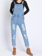 Romwe Blue Strap Ripped Denim Jumpsuit