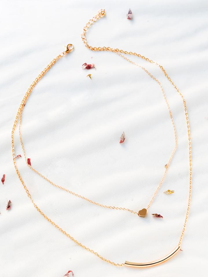 Romwe Gold Heart And Bar Pendant Layered Necklace