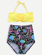 Romwe Multicolor Printed Bandeau Bikini Set