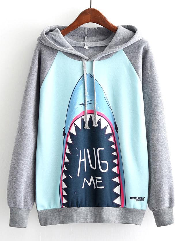 Romwe Shark Print Contrast Sleeve Hoodie