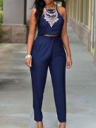 Romwe High Neck Cami Top With Pants - Navy