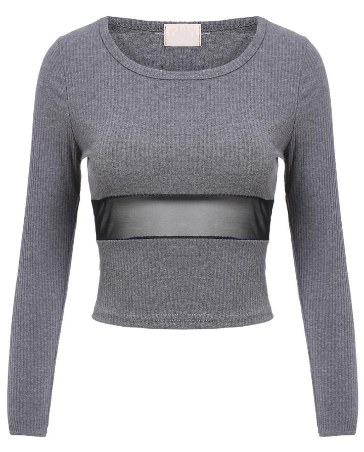 Romwe Contrast Mesh Yoke Grey T-shirt