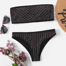 Romwe Striped Bandeau With Low Rise Bikini Set