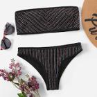 Romwe Striped Bandeau With Low Rise Bikini Set