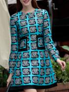 Romwe Blue Round Neck Long Sleeve Print Dress
