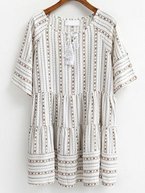 Romwe Tribal Print Lace Up Tiered White Dress
