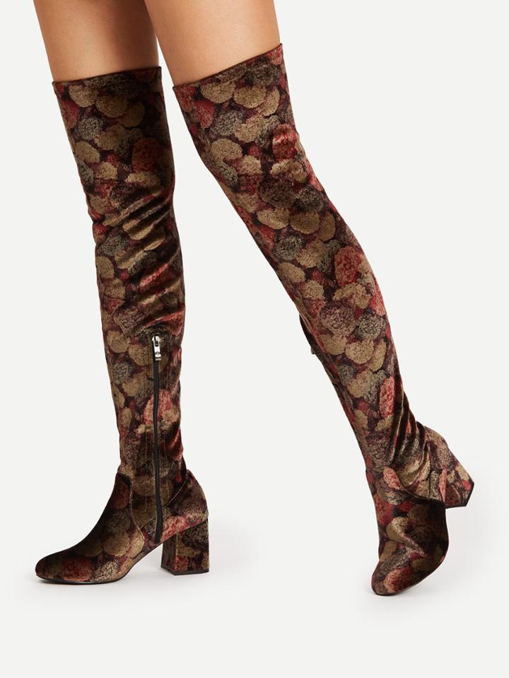 Romwe Mix Pattern Over Knee Block Heeled Boots