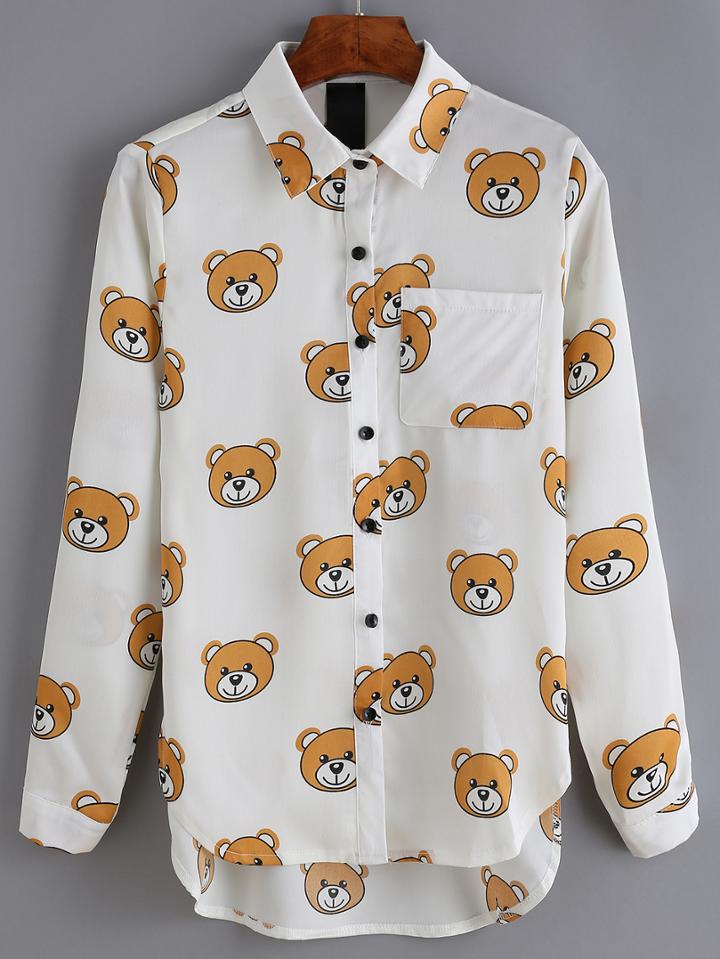 Romwe Dip Hem Bear Print Blouse With Pocket