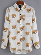 Romwe Dip Hem Bear Print Blouse With Pocket