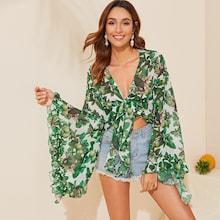 Romwe Fruit Exaggerated Flounce Sleeve Knotted Blouse