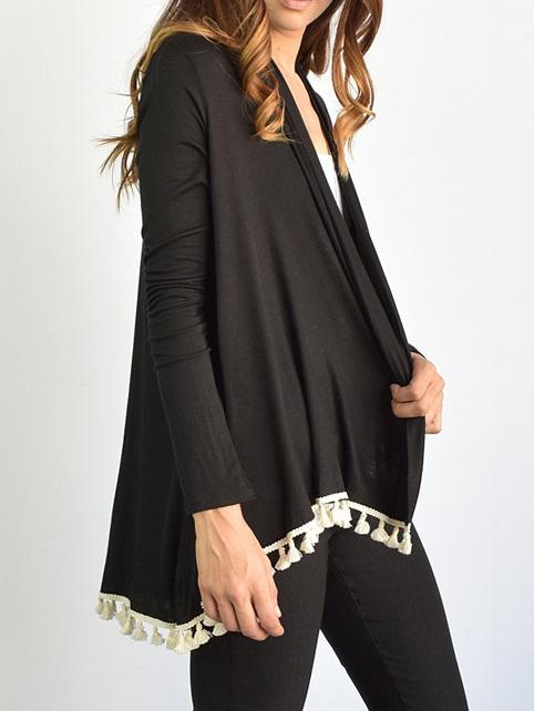 Romwe Women Drape Front Contrast Fringe Black Coat