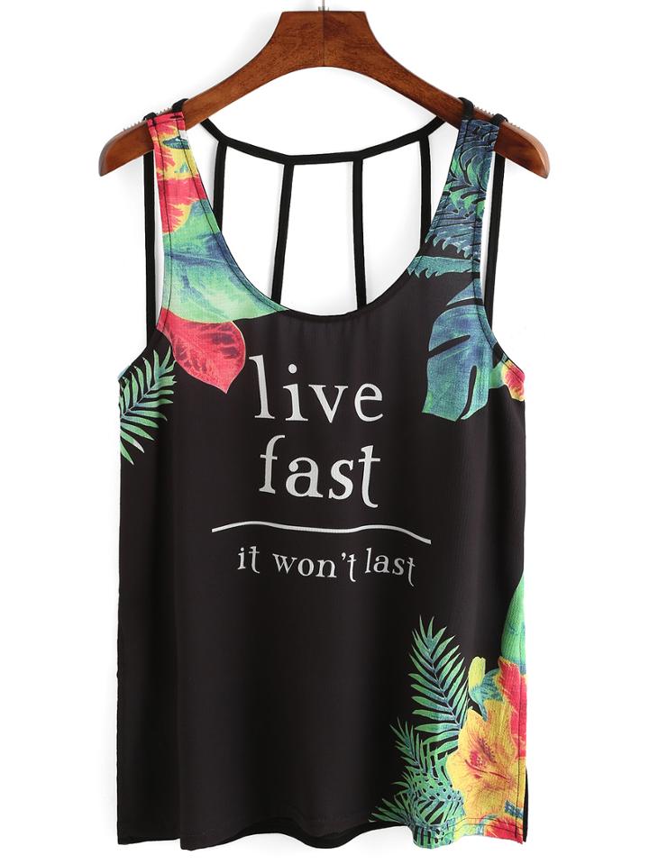 Romwe Caged Printed Tank Top - Black