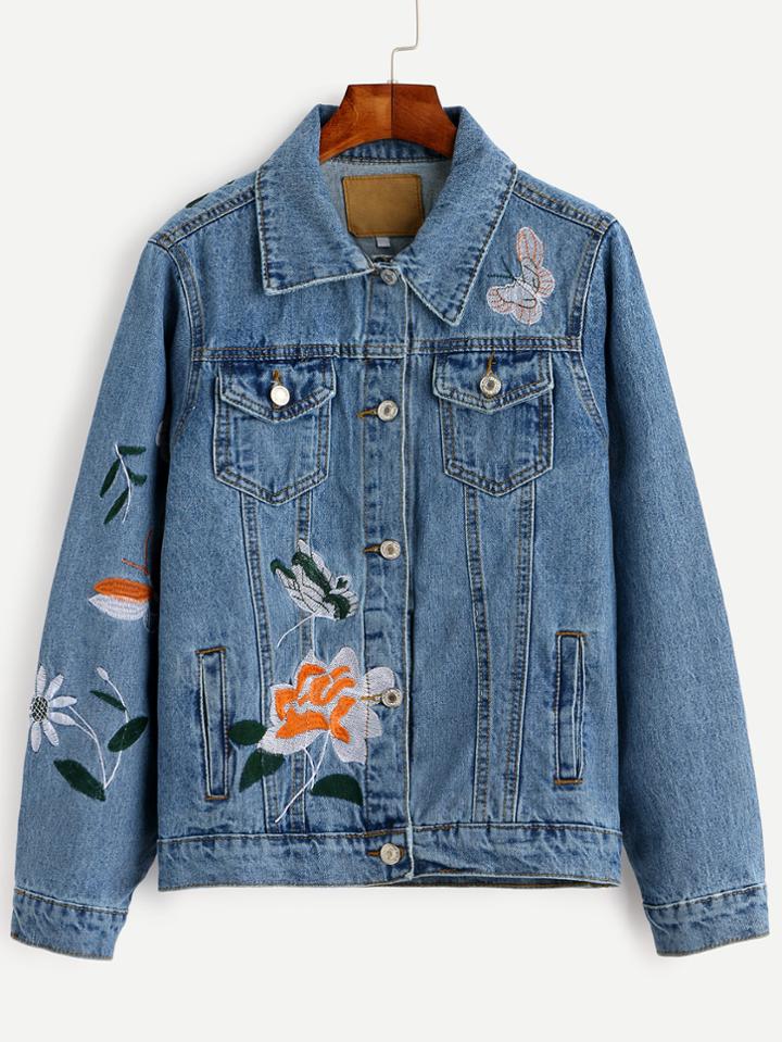 Romwe Blue Flower Embroidered Denim Jacket