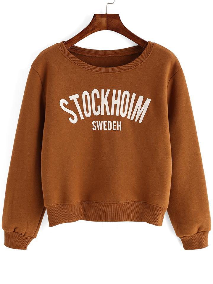 Romwe Stock Print Crop Khaki Sweatshirt