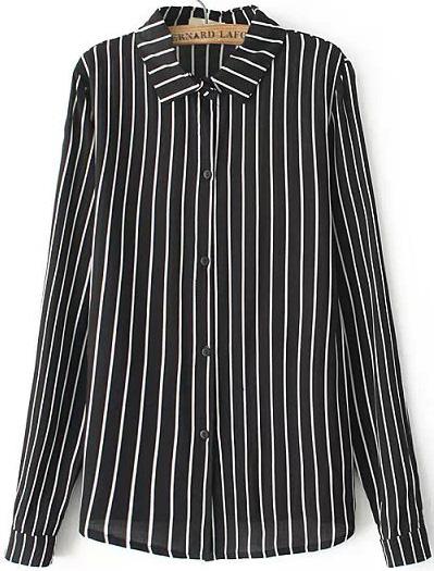Romwe Vertical Stripe Lapel Black Blouse