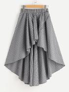 Romwe Elastic Waist High Low Gingham Skirt