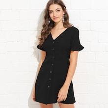 Romwe Flounce Sleeve Button Through Dress