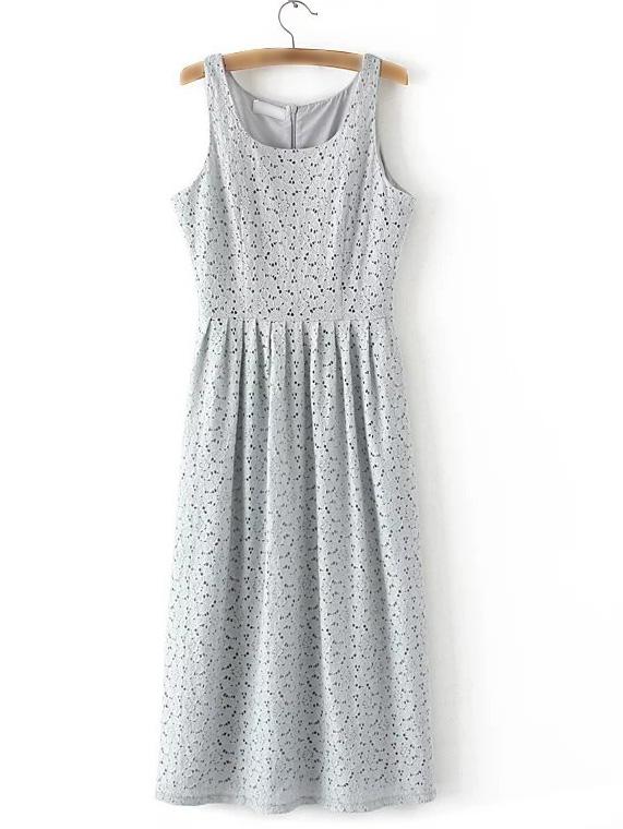 Romwe Grey Zipper Back Sleeveless Lace Midi Dress