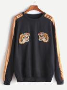 Romwe Black Contrast Trim Tiger Embroidered Patches Sweatshirt