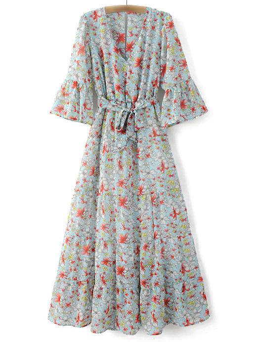 Romwe Multicolor Bell Sleeve Tie-waist Bow Floral Print Maxi Dress