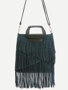 Romwe Green Faux Leather Fringe Crossbody Bag With Handle