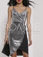 Romwe Silver Spaghetti Strap Color Block Sequined Dress