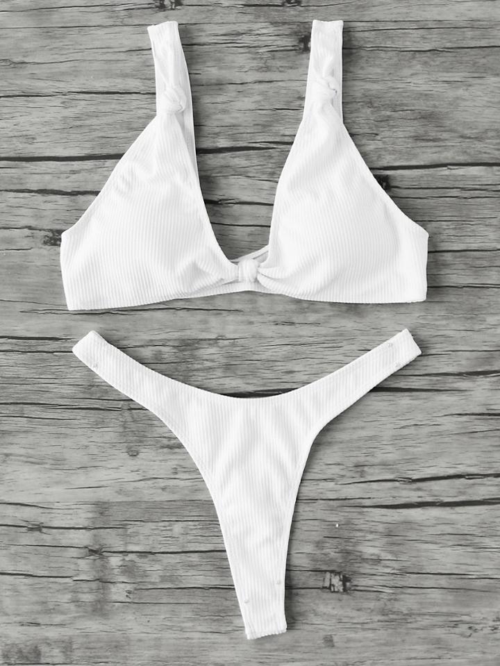 Romwe High Leg Plunge Neckline Ribbed Bikini Set