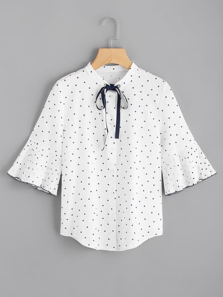 Romwe Pleated Sleeve Polka Dot Tie Neck Top