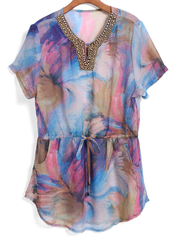 Romwe V Neck With Bead Florals Blue Dress
