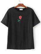 Romwe Black Flower Print Ripped Detail T-shirt