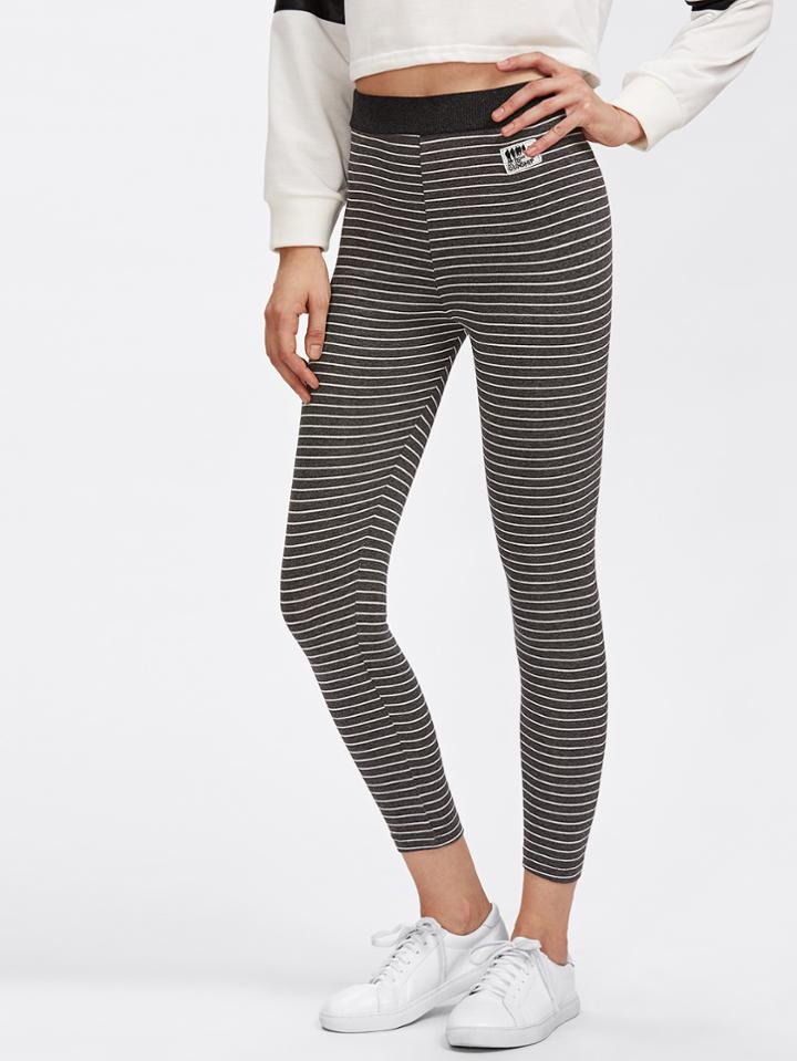 Romwe Patch Detail Striped Leggings