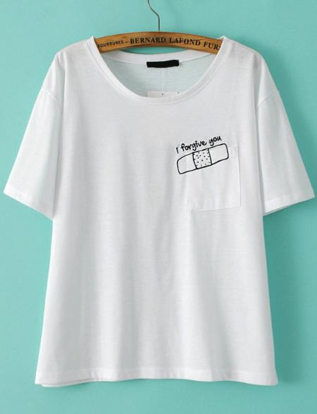 Romwe Wound Paste Embroidered With Pocket T-shirt