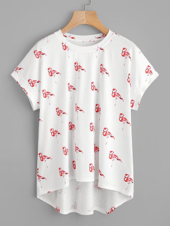 Romwe Flamingo Print Curved Back Slub Tee