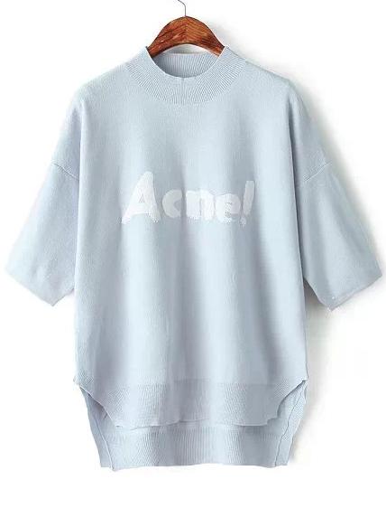 Romwe Grey Half Sleeve Acne Print Dip Hem Knitwear