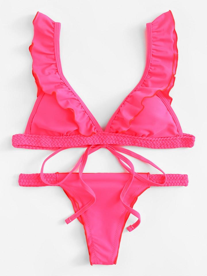 Romwe Braided Hem Ruffle Bikini Set