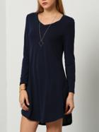 Romwe Navy Round Neck Long Sleeve Loose Dress