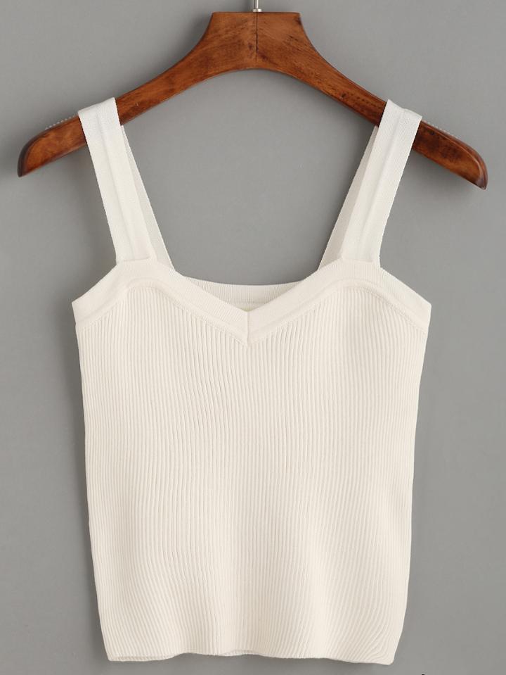Romwe White Wide Strap Ribbed Top