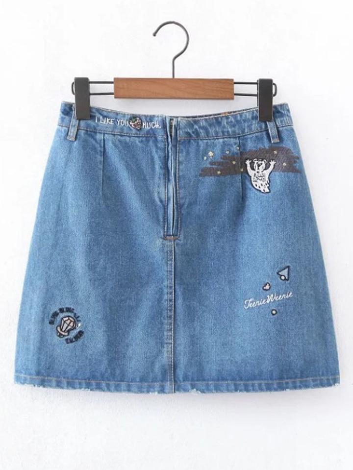 Romwe Embroided Denim A Line Shorts