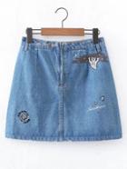 Romwe Embroided Denim A Line Shorts